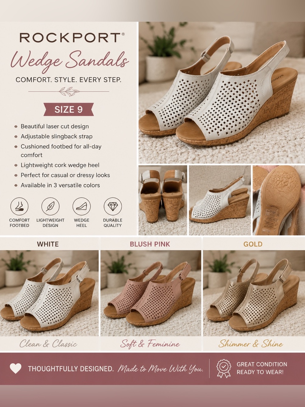 Rockport  Briah White, Pink and Gold Perforated Cork Wedge Sandals - Size 9